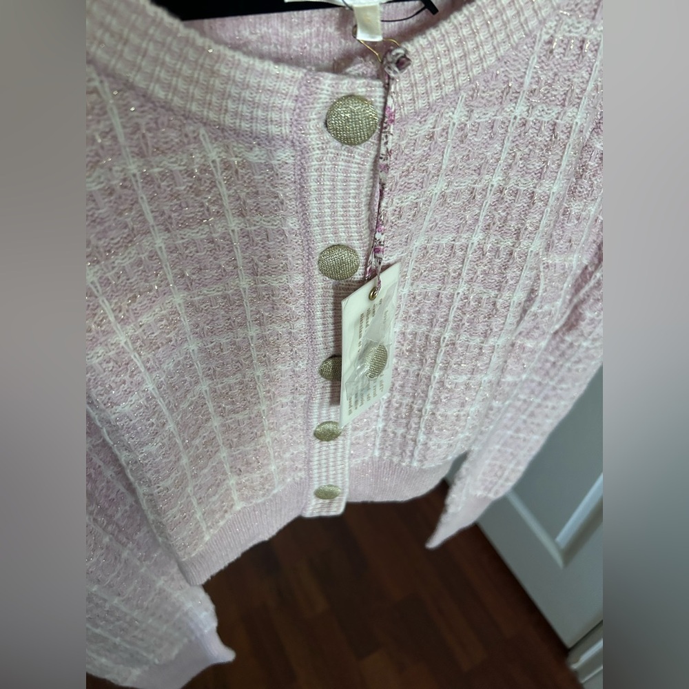 W/ Tags LoveShackFancy Daughter Checked Cropped Cardigan Sweater in Pink Winds M - Picture 6 of 17